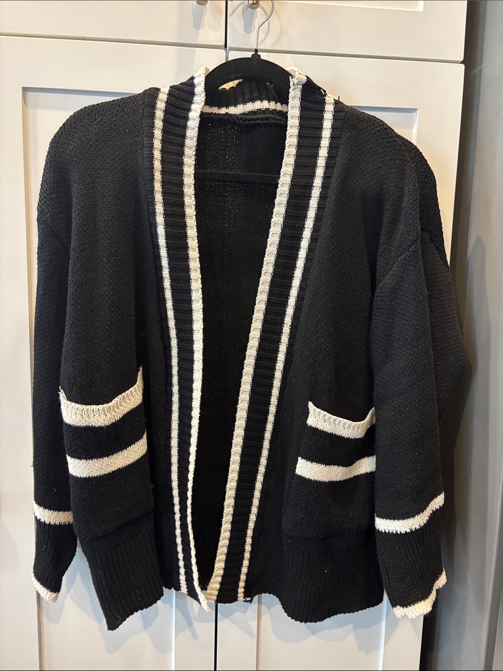 Black Knit Open-Front Cardigan with White Trim